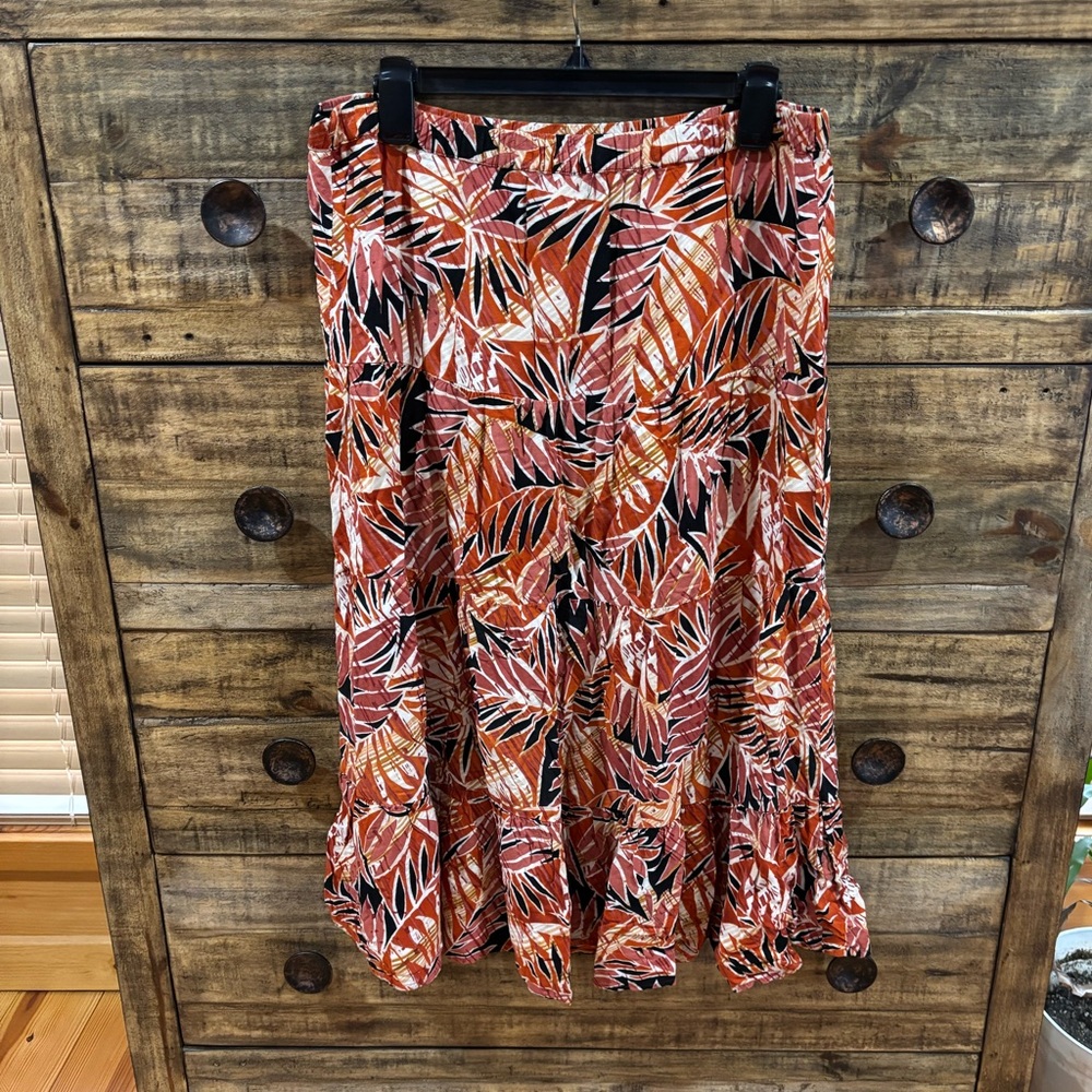 Christopher & Banks Orange Leaf‎ Print A-Line Skirt